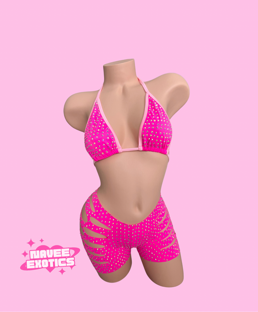Cut Shorts Set Neon Pink Triangle Top